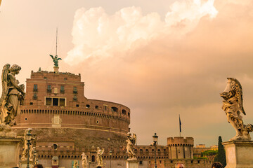 Castel Sant'Angelo with statues and bridge in Rome, Italy
