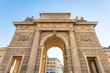 Fototapeta na wymiar Porta Garibaldi gate with blue sky, Milan, Italy