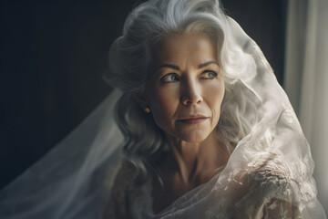 Senior woman bride in a wedding dress. Generative AI., Generative AI - obrazy, fototapety, plakaty