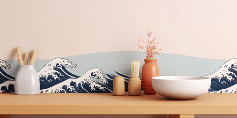 Clean wooden table topped with bowls and vases with Japanese style wave wall art in the back. Created with Generative AI technology