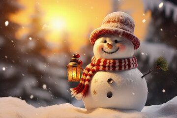 Obraz premium Snowman in a winter Christmas scene .Generative AI, Generative AI