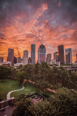 Houston skyline with fiery sky