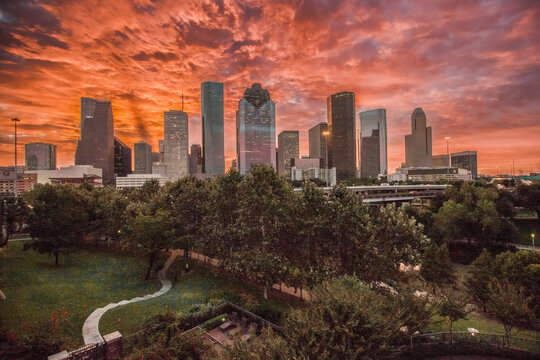 Houston Skyline at Sunset with park in foreground