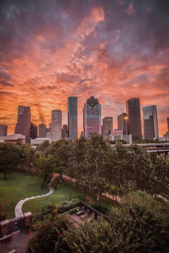 Houston skyline with fiery sky