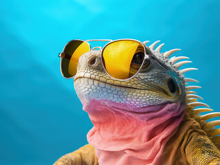iguana wearing sunglasses, azure background. Generative AI, Generative AI - obrazy, fototapety, plakaty