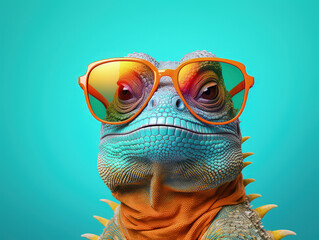 iguana wearing sunglasses, azure background. Generative AI, Generative AI