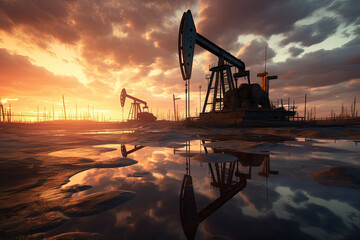 Fototapeta silhouette of an oil pump at sunset. Generative AI, Generative AI obraz