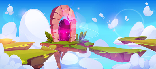 Game pink magic portal on floating island in sky cartoon vector background. Fantasy teleport door to other dimension, world or time. Magical travel plasma hole flying in cloud on rock illustration.
