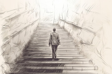 Businessman ascending a staircase, symbolizing success and the pursuit of goals, sketch style illustration. Determination and upward movement in the business world, generative AI