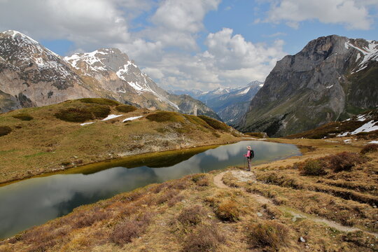 Panoramic view from the Lac du Clou (Clou lake), located above the Chaviere valley, Pralognan la Vanoise,Vanoise National Park, Northern French Alps, Tarentaise, Savoie, France