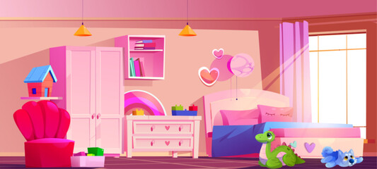 Pink wall kid bedroom interior cartoon vector background. Child furniture in house with bed, cupboard window, wardrobe and armchair. Modern girl children flat design for game scene with nobody.