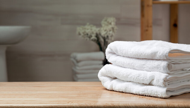 White clean towels on wooden table in bathroom. Space for text