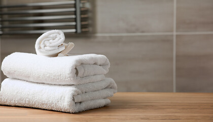 White clean towels on wooden table in bathroom. Space for text