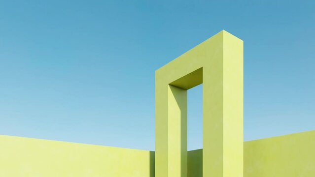 Abstract of yellow surreal architecture, minimal architectural on blue sky background, 3d animation.