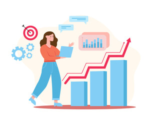 Lady holding laptop, standing near diagram. Timely performance of tasks and achievement goals. Schedule organization concept. Time management. Vector illustration in blue colors