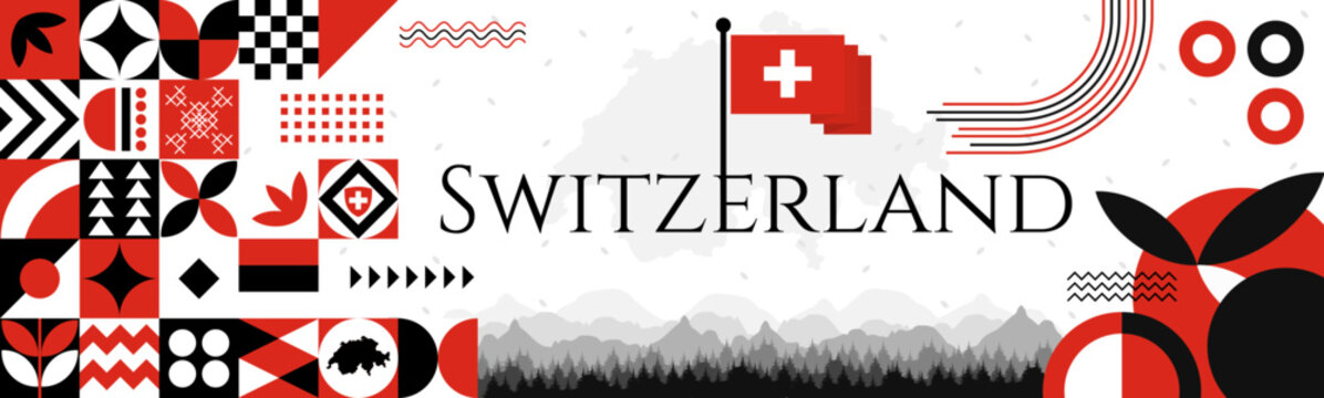 Switzerland Independence Day abstract banner design with flag and map. Flag color theme geometric pattern retro modern Illustration design. Red flag color template.