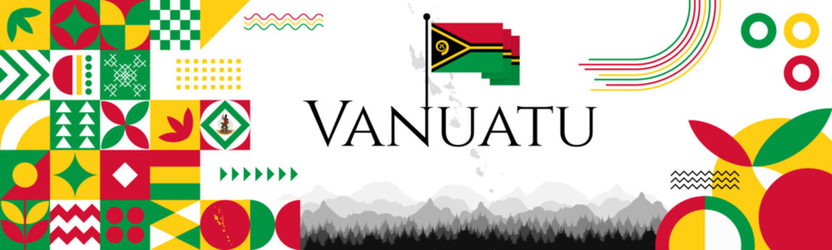 Vanuatu Independence Day abstract banner design with flag and map. Flag color theme geometric pattern retro modern Illustration design. Red and Green flag color template.