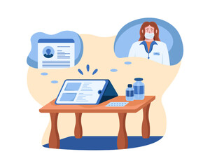 Fototapeta na wymiar Table with tablet and medicine. Video call with medical worker, online consultation. Doctors in uniforms communicating with patients. Time for making treatment online. Vector flat illustration