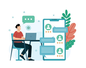 Man in headphones working in call center, helping clients online. Customer support department staff. Hotline operator advisers. Customer service communication. Vector illustration in blue colors