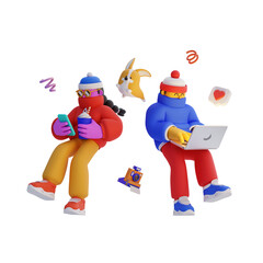 3D men holding computers and women holding coffee