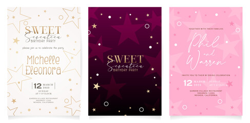 Vector illustration Set of wedding invitation cards with stars or birthday party invitation backgrounds for covering elements, banner social media, poster advertising, advertisement materials campaign
