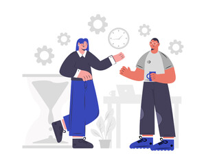 Adult woman standing in office and talking with man. Productive business people actively doing office job. Time management concept. Vector flat illustration in blue and gray colors