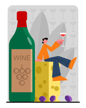 Young lady sitting on cheese near bottle with wine, holding glass of drink. Tasting wine from organic grapes. Serving alcohol drinks in restaurant. Vector flat illustration
