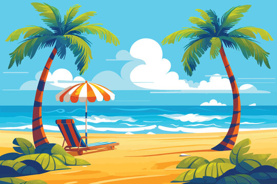 hand drawn painting of beach with palm trees and chair