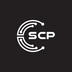 SCP letter technology logo design on black background. SCP creative initials letter IT logo concept. SCP setting shape design.
