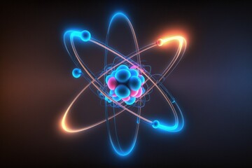 Atomic nucleus electrons neutrons protons. model shows that an atom is mostly empty space, with electrons orbiting a fixed, positively charged nucleus in set, predictable paths. - obrazy, fototapety, plakaty