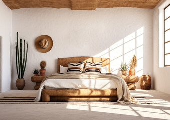 blank wall Mexican  style interior mockup bedroom