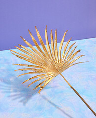 Golden chic shiny decorative palm leaf. Minimalist interior composition.