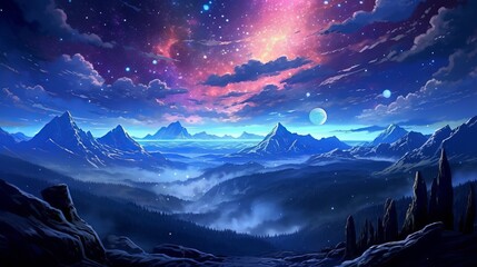 Fototapeta na wymiar Cosmic tapestry: 4K digital art illuminates anime landscape with starry night splendor - landscape with clouds, wallpaper, Generative AI