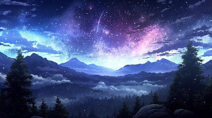 Landscape with snow - Cosmic tapestry: 4K digital art illuminates anime landscape with starry night splendor, wallpaper, Generative AI