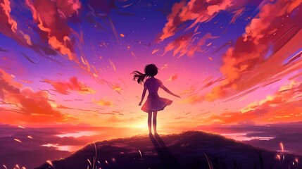 Fototapeta premium Serene anime girl silhouette embracing a mesmerizing sunrise on hilltop - breathtaking 4K digital artwork - Silhouette of a girl in the mountains, wallpaper, Generative AI