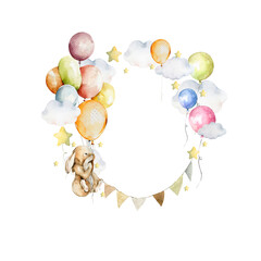 Watercolor baby birthday frame Hand painted wreath of clouds, air balloons, cute little bunny, flying rabbit, stars. Isolated on white background Illustration for baby shower invite, nursery decor