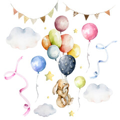 Fototapeta na wymiar Watercolor baby birthday party set Hand painted clouds, air balloons, cute little flying bunny, rabbit, stars, garland. Isolated on white background Illustration for baby shower invite, nursery decor