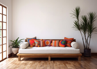 blank wall Mexican style interior mockup living room with sofa