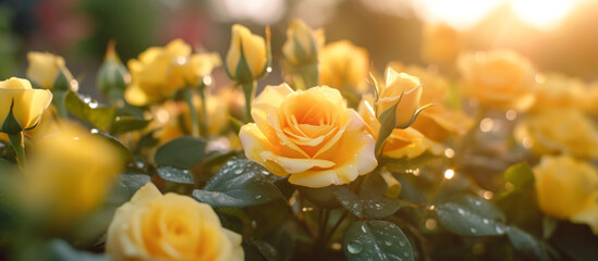 yellow rose flower in the garden of flowers and sunlight with bokeh,Generative AI