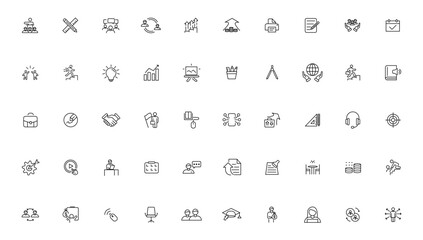 Teamwork and education linear icons collection.Business teamwork, team building, work group and human resources minimal thin line web icon set.