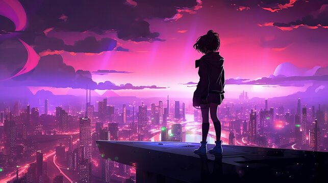 Futuristic city reverie: anime girl silhouette in captivating digital artwork, wallpaper, Generative AI