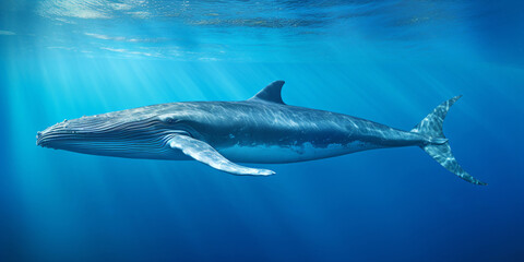 Naklejka premium a gigantic blue whale swimming in the ocean, underwater world, generative ai