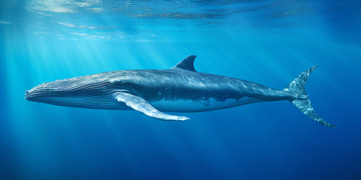 a gigantic blue whale swimming in the ocean, underwater world, generative ai