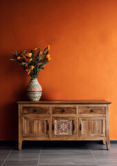  blank wall Mexican style interior mockup wooden table near wall with detail vignettes