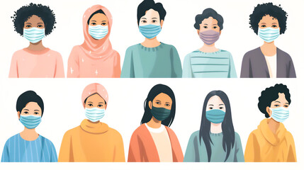 drawing of a diverse group of women, varying in age and ethnicity, engaged in various activities representing everyday life. These resilient women are shown wearing face masksGenerative AI