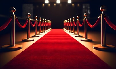 Red Carpet hallway with barriers and red ropes, Generative Ai - obrazy, fototapety, plakaty