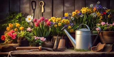 Fototapeta na wymiar Gardening, different spring and summer flowers, gardening tools on garden table. generative ai