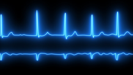 ECG or EKG pulse heartbeat blue line symbol on black background. fibrillation. ECG with brief paroxysms of supraventricular extrasystole and neon atrial fibrillation.