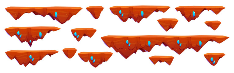 Flying game island platform vector illustration. Crystal soil ground landscape cartoon clipart with floating terrain environment asset. 2d fantasy adventure background for run in videogame world