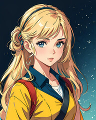 A young blonde wearing a colorful jacket, with a starry background behind her,AI generated